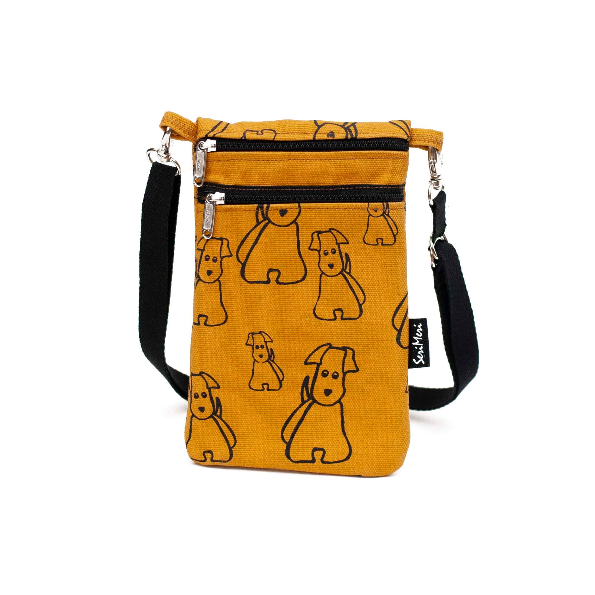 Kännykkälaukku koirakuvio okra pohja